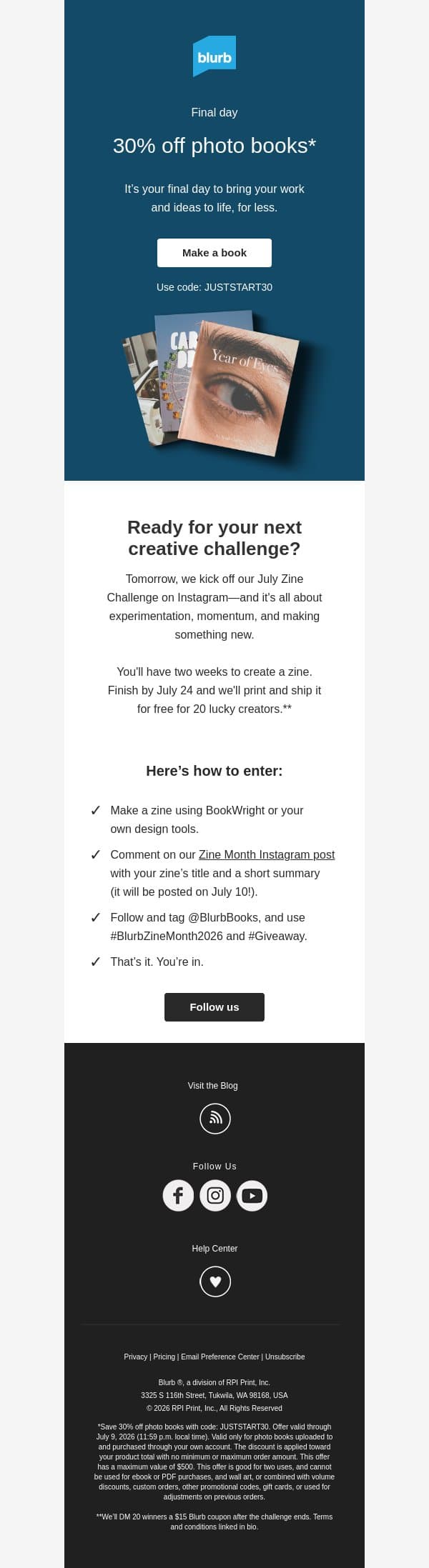 Last chance: 30% off photo books email from Blurb screenshot