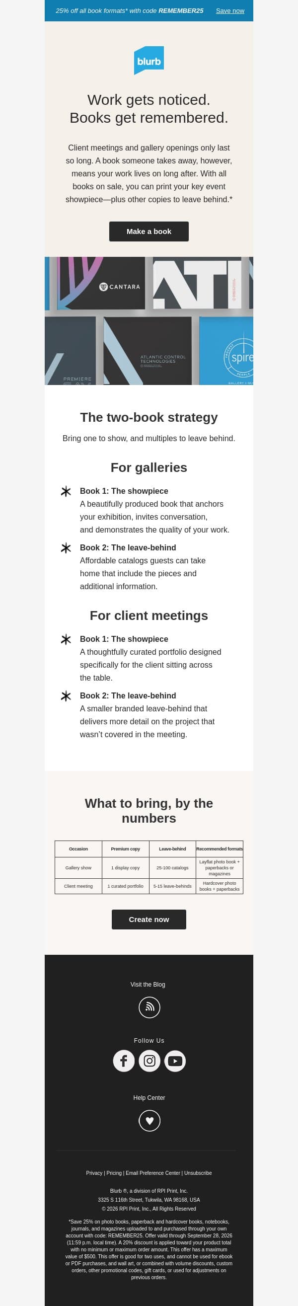 The two books to bring to every meeting email from Blurb screenshot