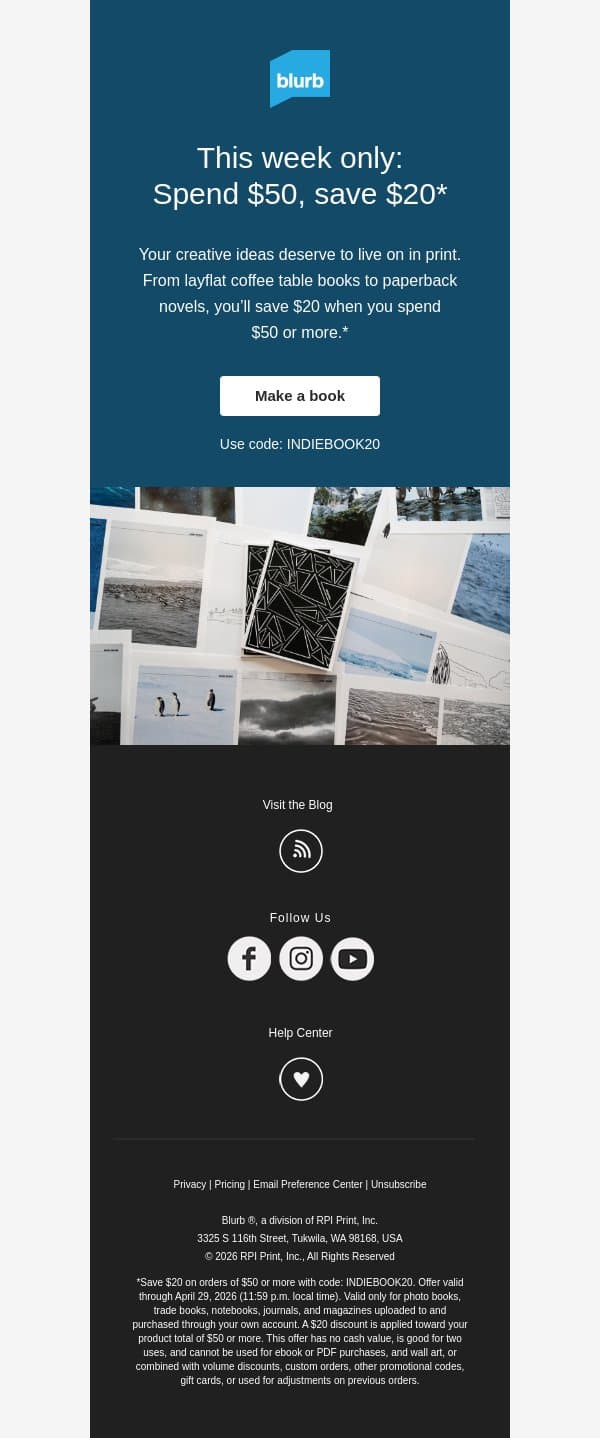 Savings are on: Spend $50, save $20 email from Blurb screenshot
