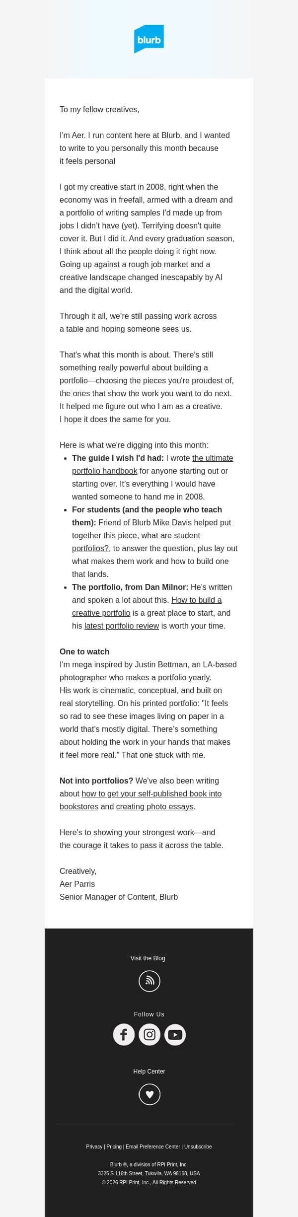 Show the pieces you’re proud of email from Blurb screenshot