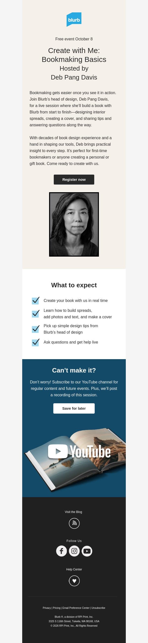 Create with Me returns: Bookmaking Basics email from Blurb screenshot