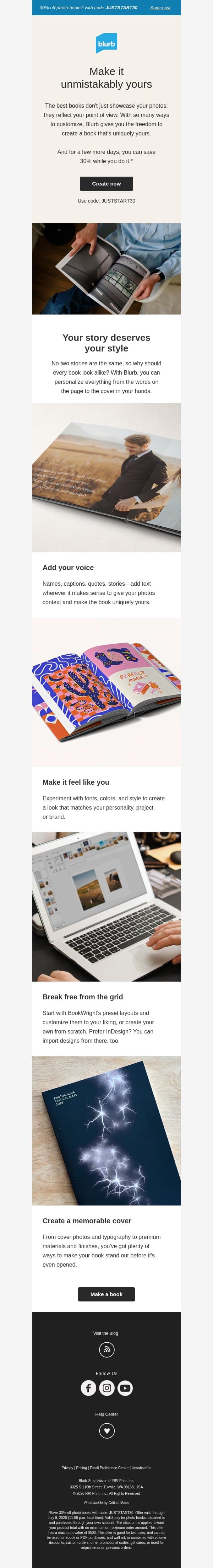 Create a book no one else could make email from Blurb screenshot