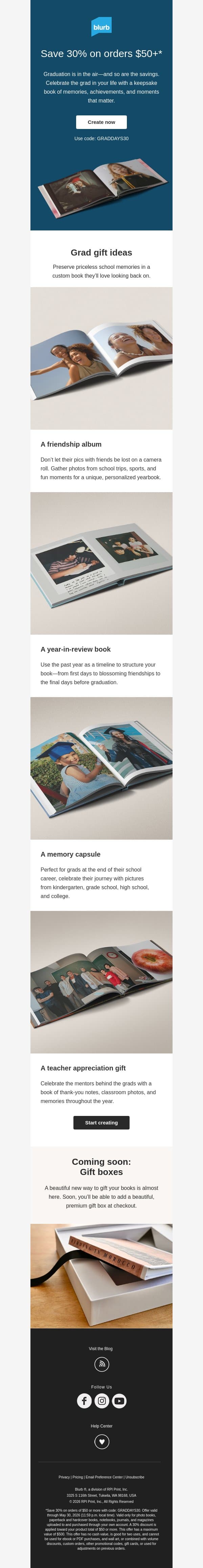 Spend $50, get 30% off—4 days only email from Blurb screenshot