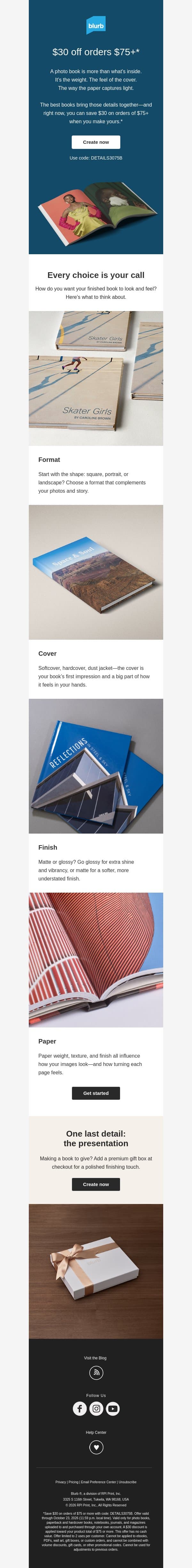 It’s here! $30 off orders $75+. email from Blurb screenshot