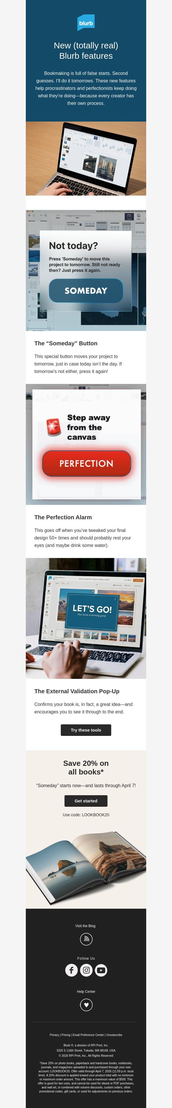 New: The “Someday” button! email from Blurb screenshot