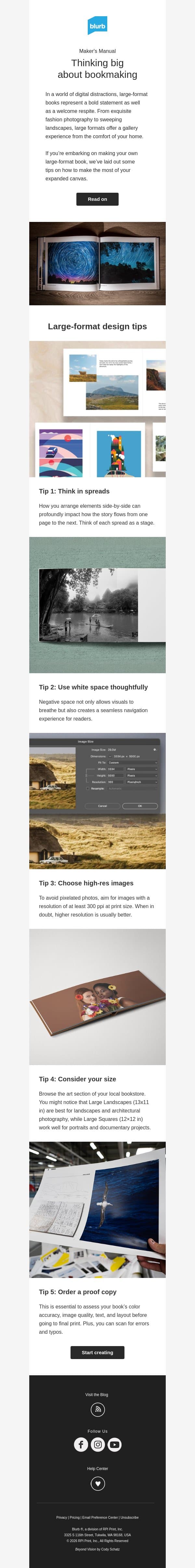 The big picture on large formats email from Blurb screenshot