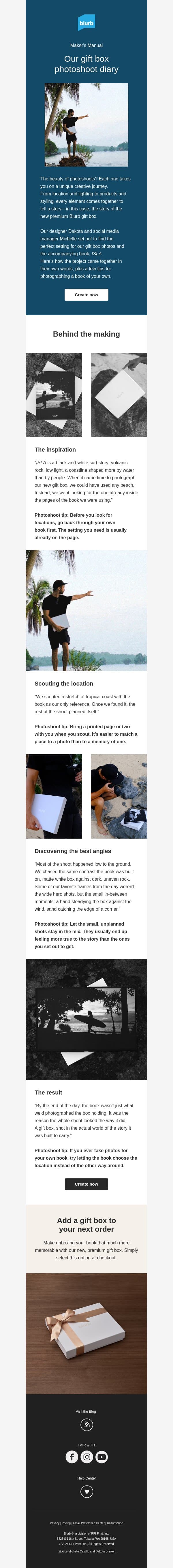 Behind the scenes: Our gift box photoshoot email from Blurb screenshot
