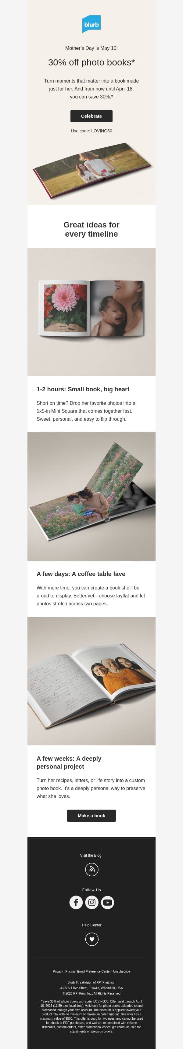 30% off photo books for Mother’s Day 💐 email from Blurb screenshot