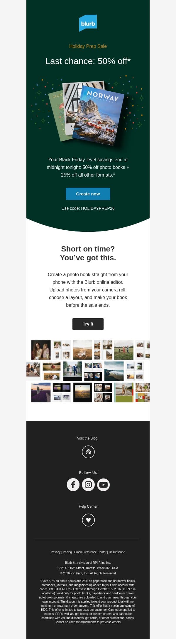 Last chance for 50% off photo books email from Blurb screenshot