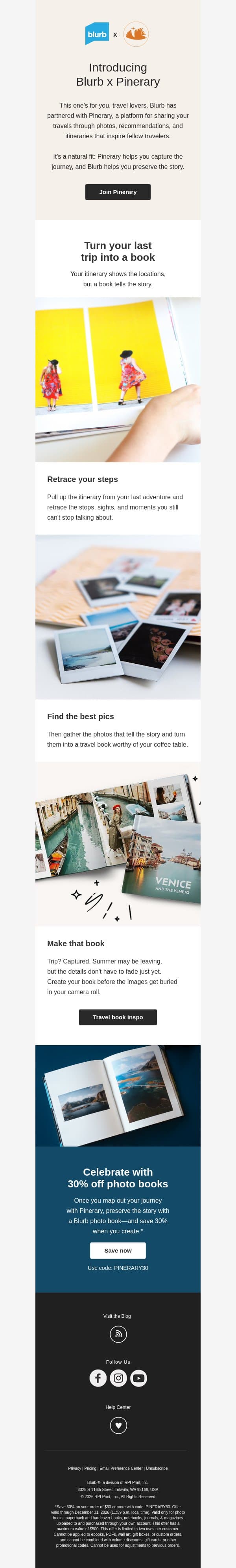 Meet Pinerary—and get 30% off your next book ✈️ email from Blurb screenshot