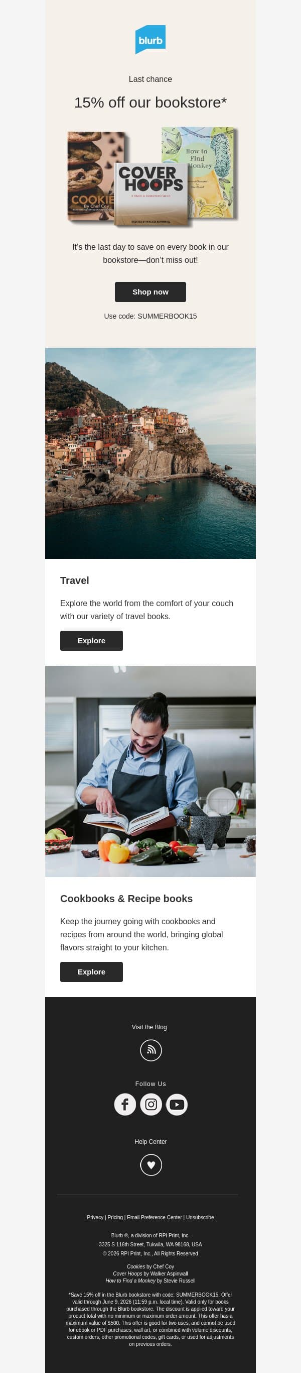 Act fast: Our bookstore sale ends today email from Blurb screenshot