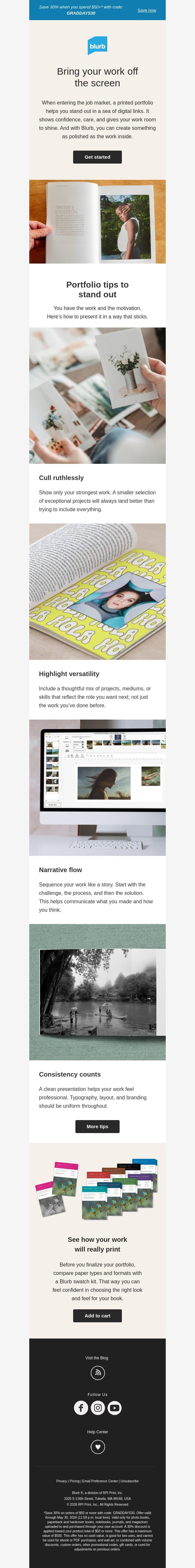 Graduating? Show off your work in print. email from Blurb screenshot