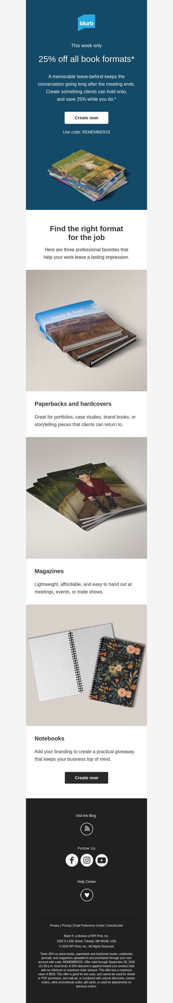 It’s on! 25% off all books—this week only. email from Blurb screenshot