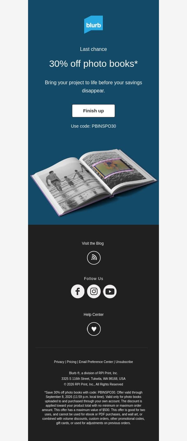 Final hours: 30% off photo books email from Blurb screenshot