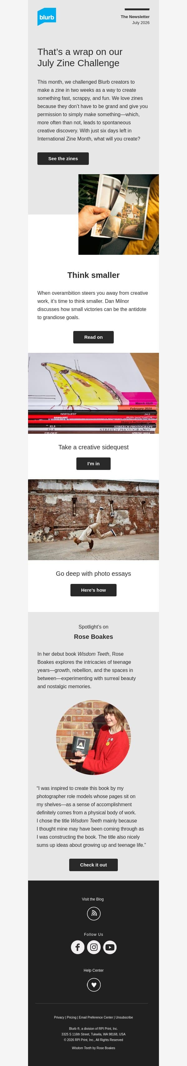 The creative power in starting small email from Blurb screenshot