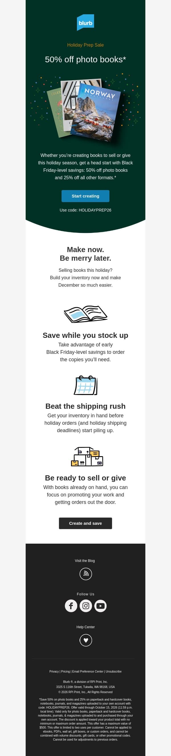 It’s on! 50% off photo books + 25% every other format. email from Blurb screenshot