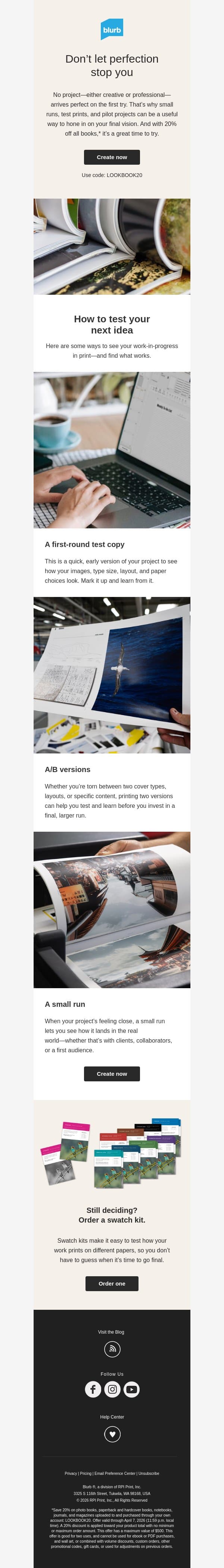 Test your idea in print (with 20% off) email from Blurb screenshot