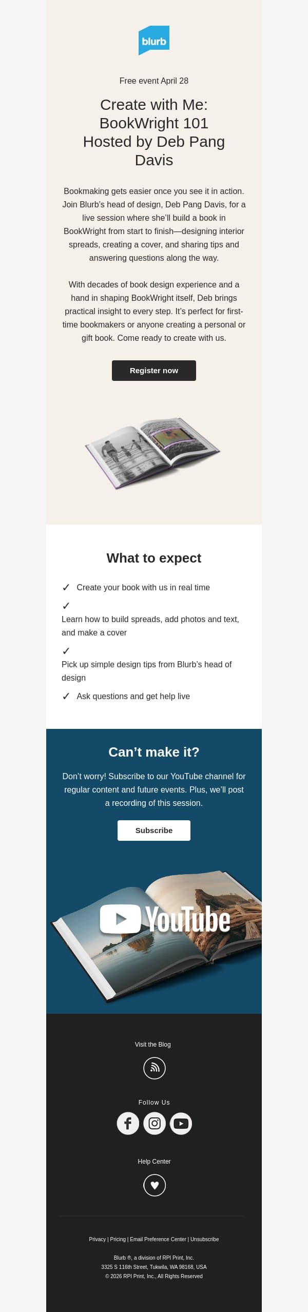 Make your book with us live email from Blurb screenshot