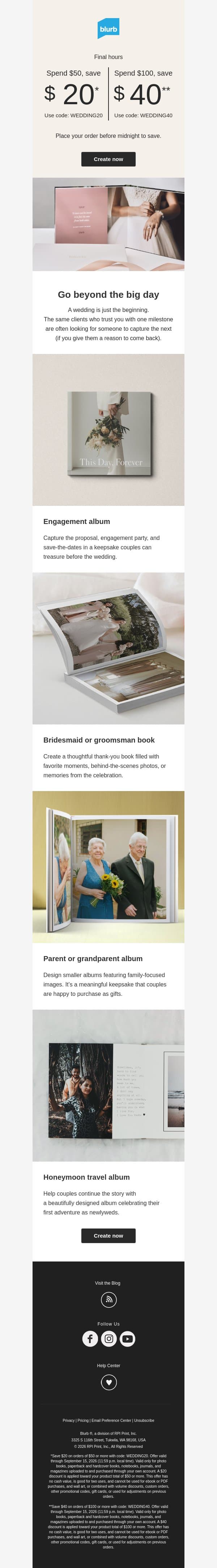 Last chance! Spend $50, save $20 + Spend $100, save $40. email from Blurb screenshot