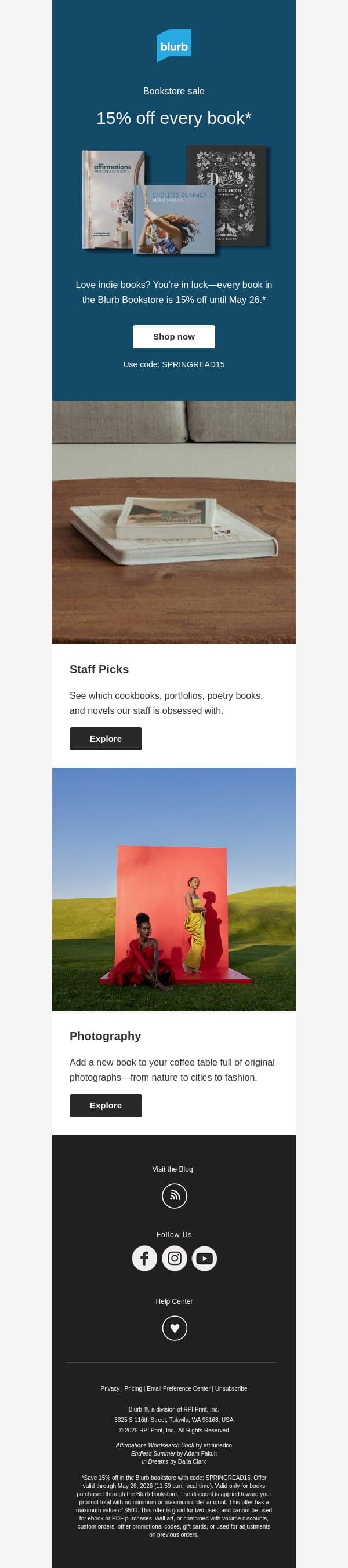 On now: 15% off our bookstore email from Blurb screenshot