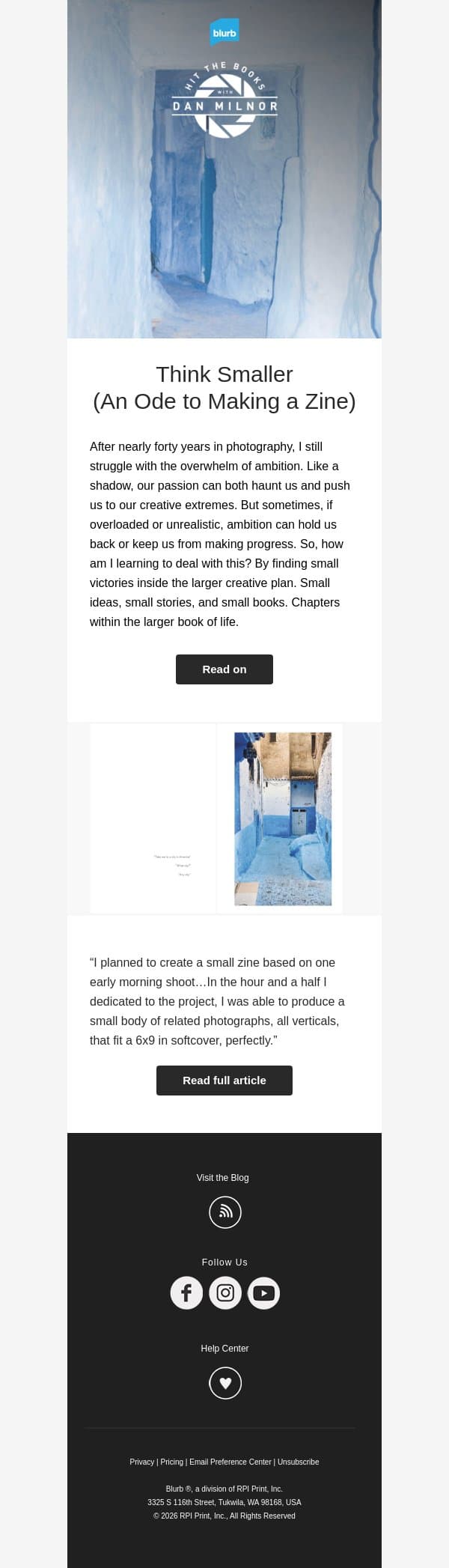 Think smaller email from Blurb screenshot