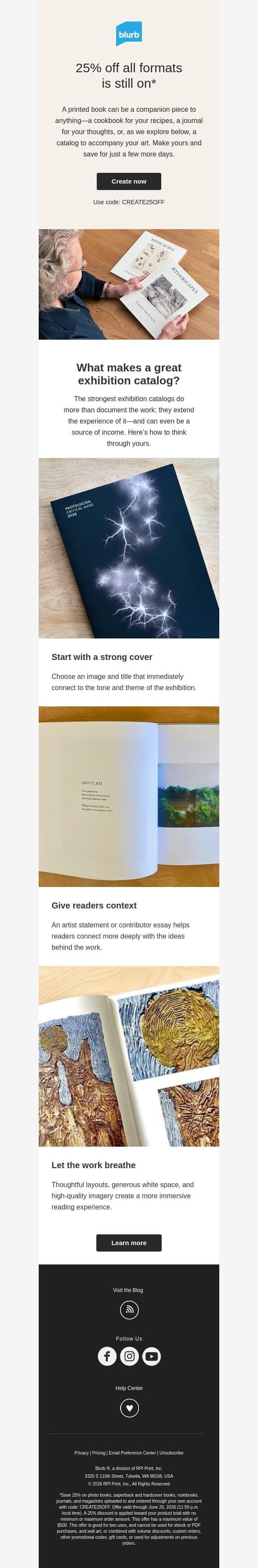 From art exhibition to premium catalog email from Blurb screenshot