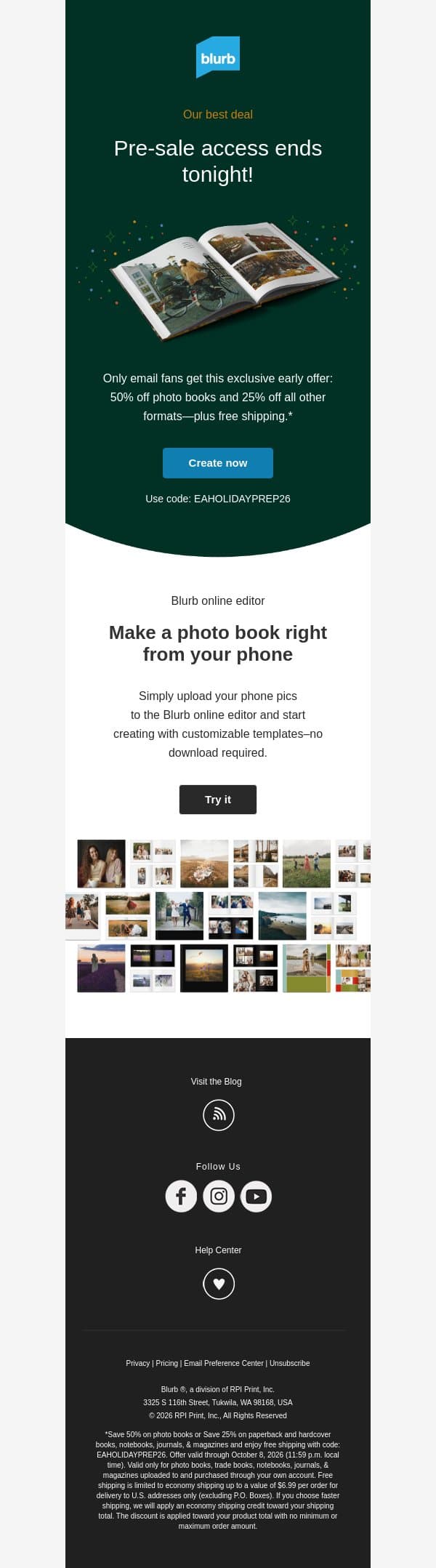 50% off early access savings end tonight email from Blurb screenshot