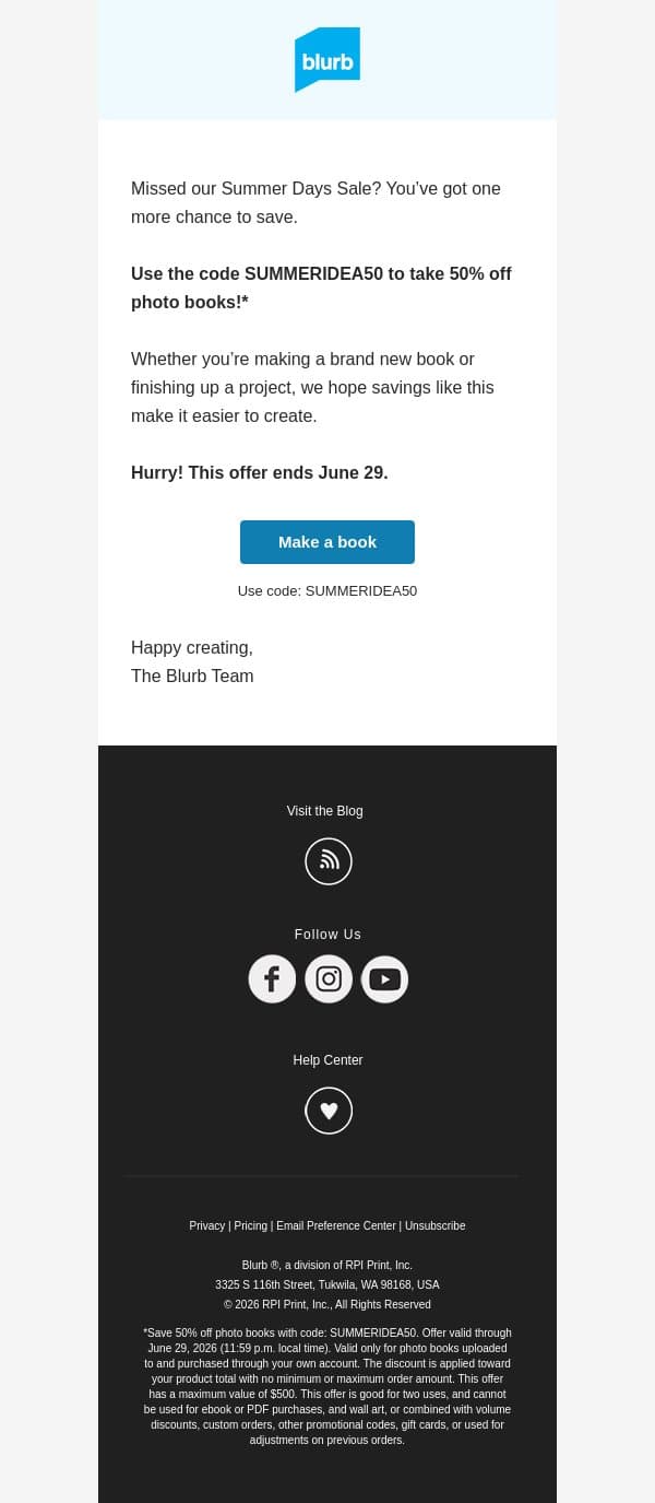 Good news! You can still get 50% off photo books. email from Blurb screenshot