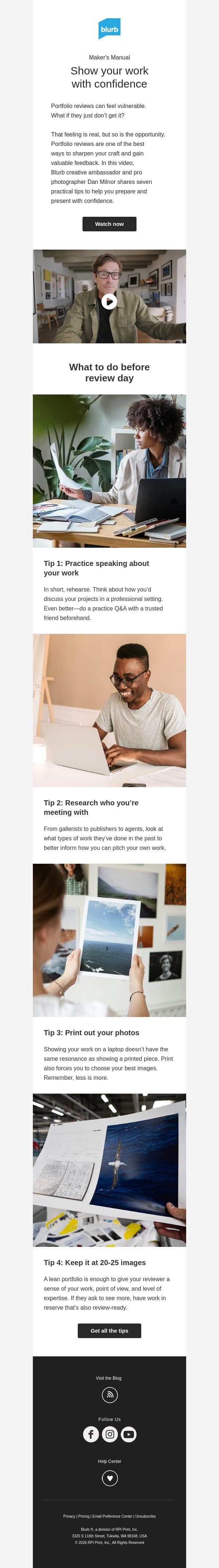 Your portfolio review checklist email from Blurb screenshot