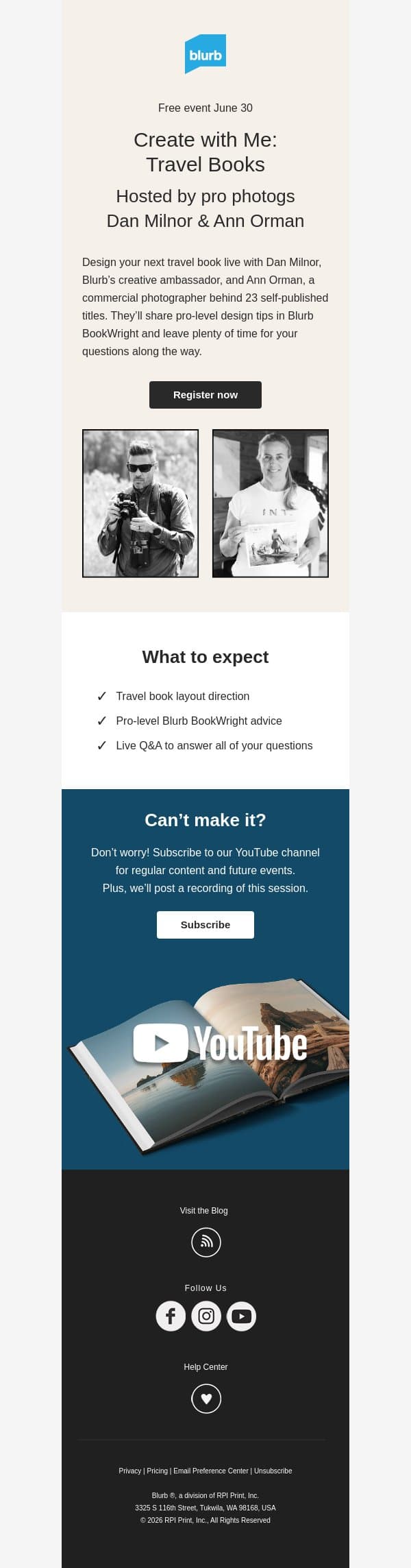 Learn how the pros design travel books email from Blurb screenshot