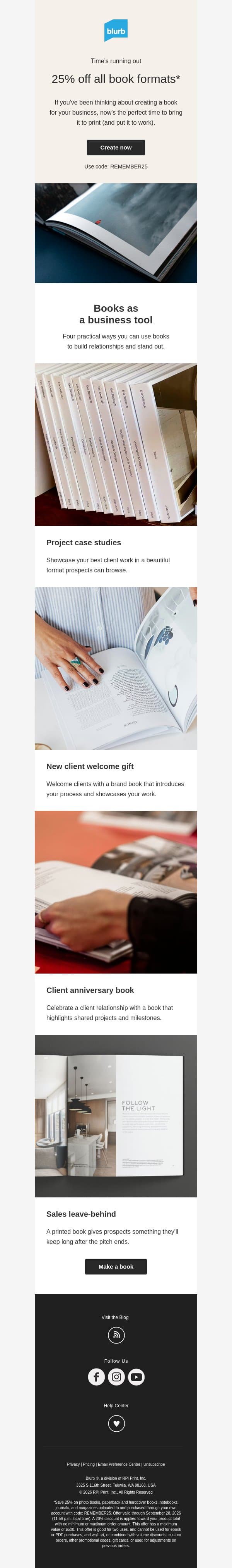 Ends soon: 25% off all book formats email from Blurb screenshot
