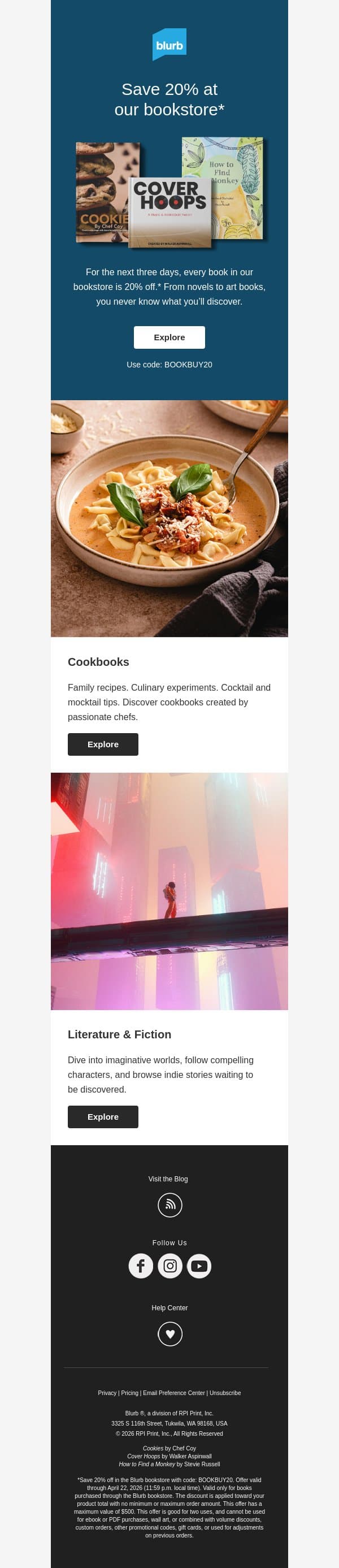 Your next favorite book is 20% off email from Blurb screenshot