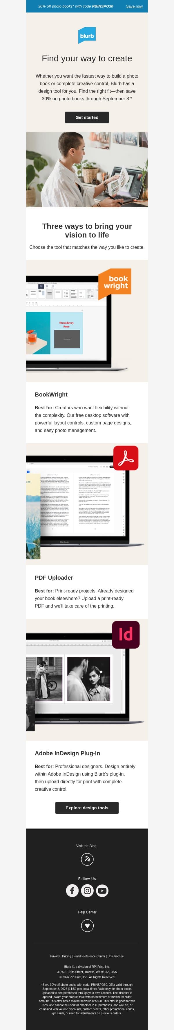 Which book design tool is right for you? email from Blurb screenshot