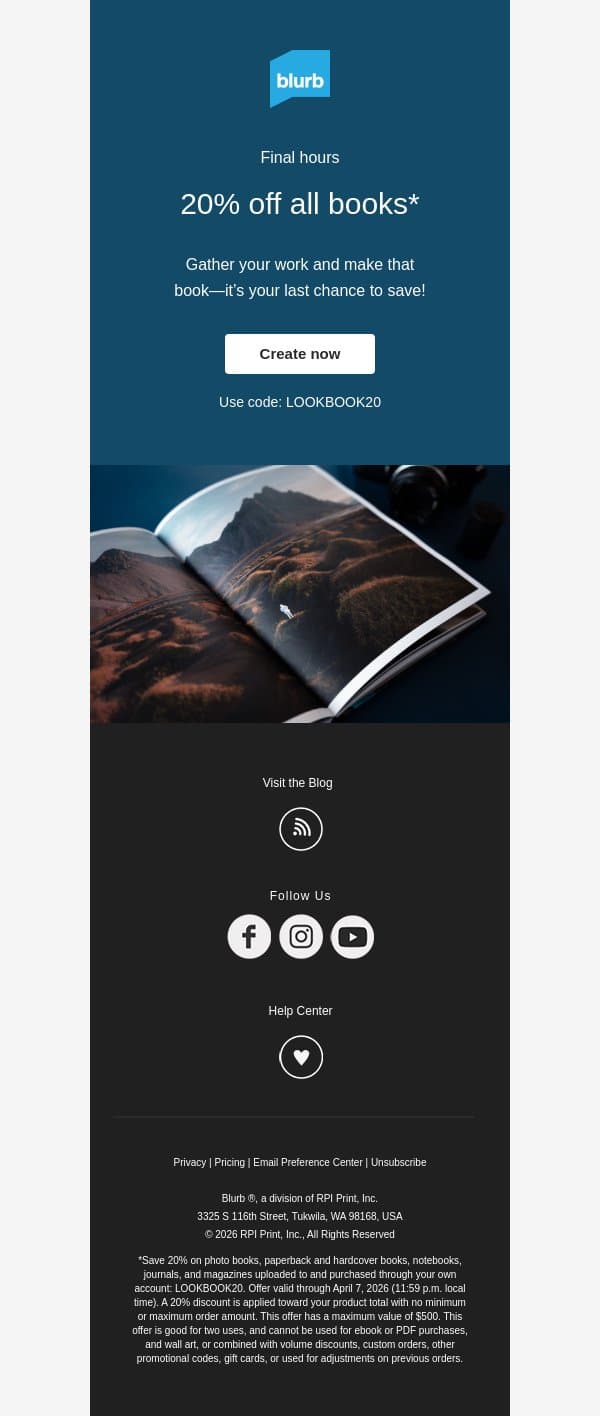 Last call: 20% off all book formats email from Blurb screenshot