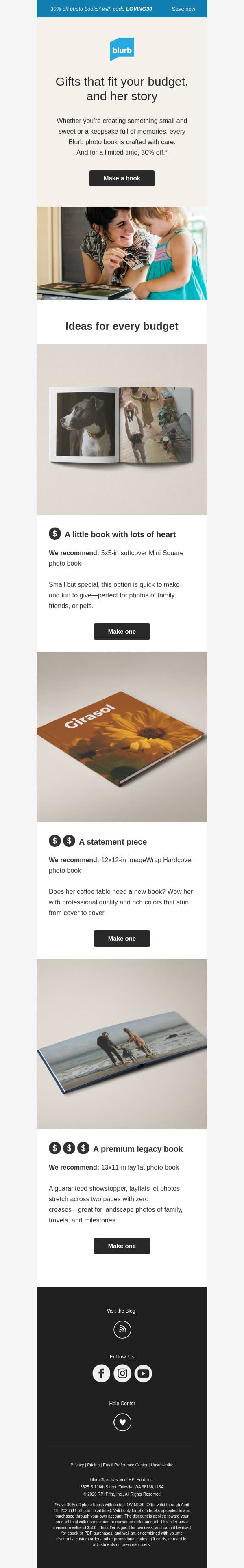 Gifts for mom at every price point email from Blurb screenshot