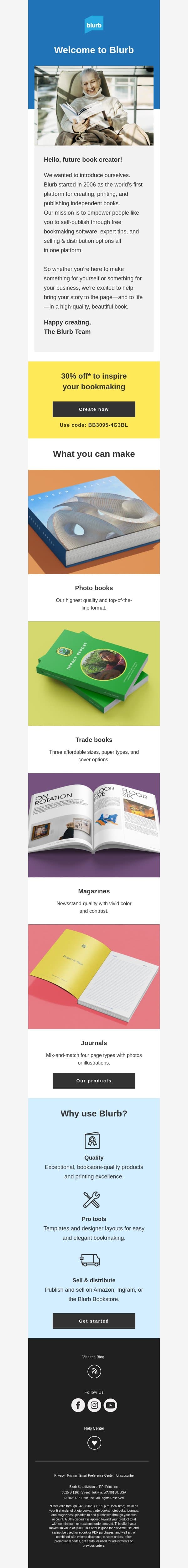A big Blurb welcome! email from Blurb screenshot