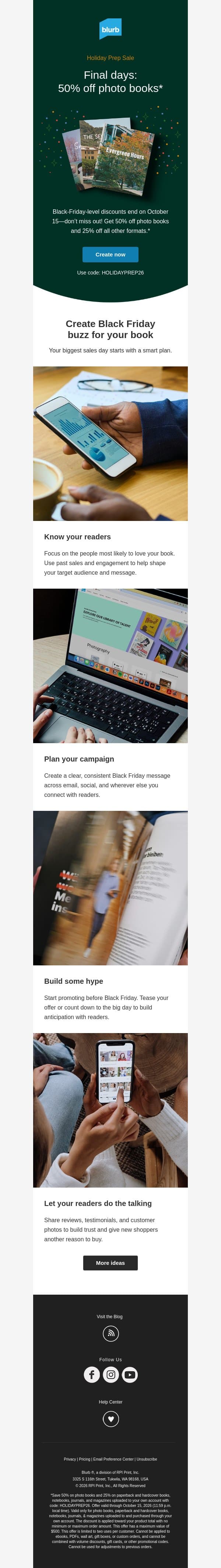 Get 50% off photo books while you can email from Blurb screenshot