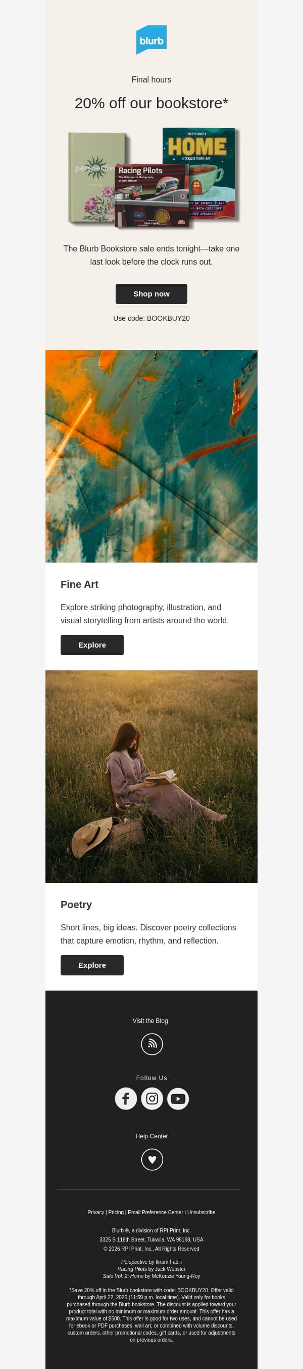 Ends tonight: 20% off our bookstore email from Blurb screenshot