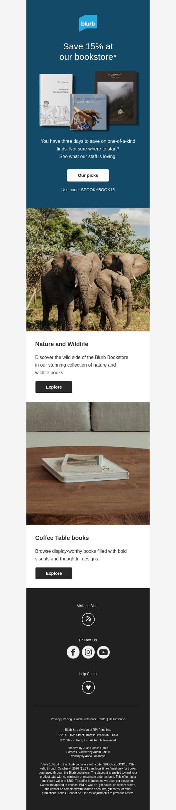3 days only: 15% off thousands of titles email from Blurb screenshot
