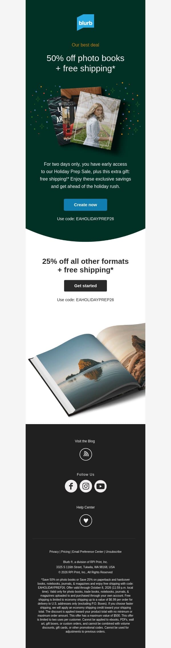 Just for you, VIP: 50% off photo books ✨ email from Blurb screenshot