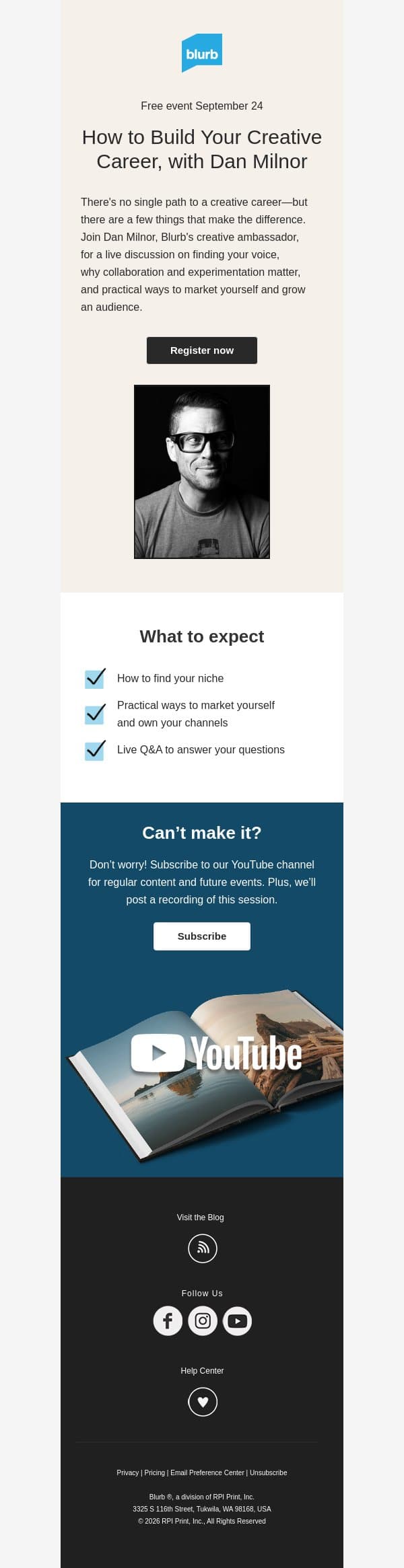 Save your spot: How to build your creative career email from Blurb screenshot