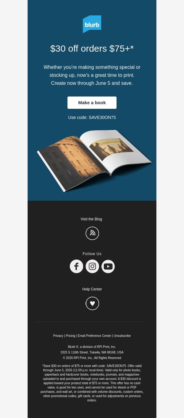 Special savings: $30 off orders $75+ email from Blurb screenshot