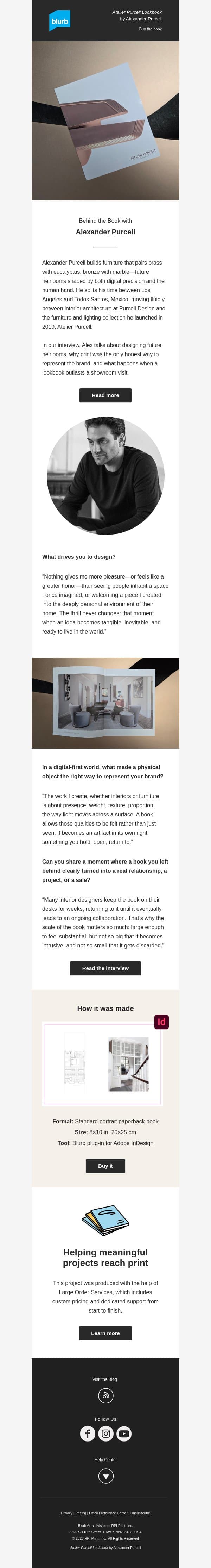 Two disciplines, one design philosophy, one lookbook email from Blurb screenshot