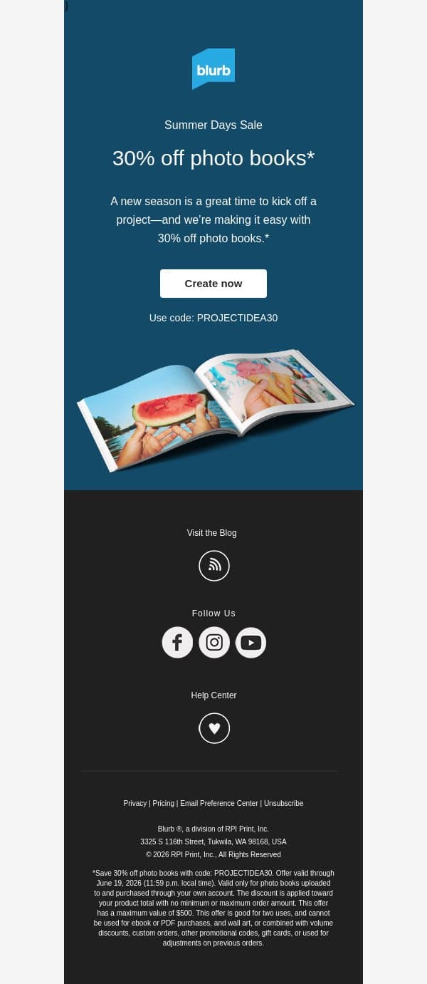 Get 30% off photo books this week only email from Blurb screenshot