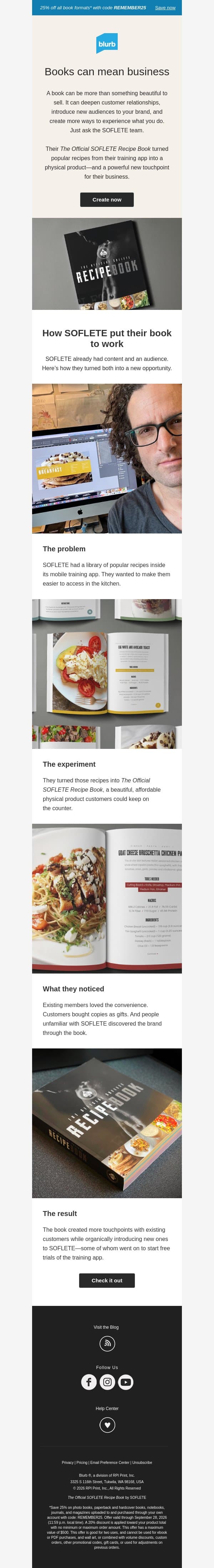 A cookbook with marketing power email from Blurb screenshot