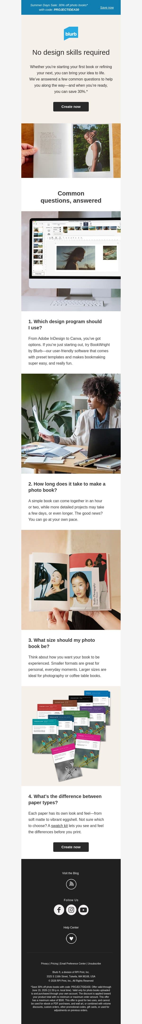 Photo book tips for non-designers email from Blurb screenshot
