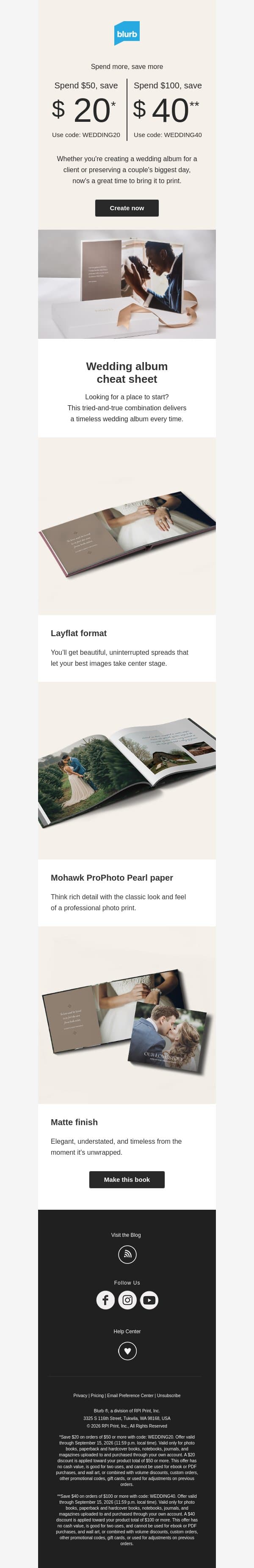 It's on: Spend $50, save $20 + spend $100, save $40 email from Blurb screenshot