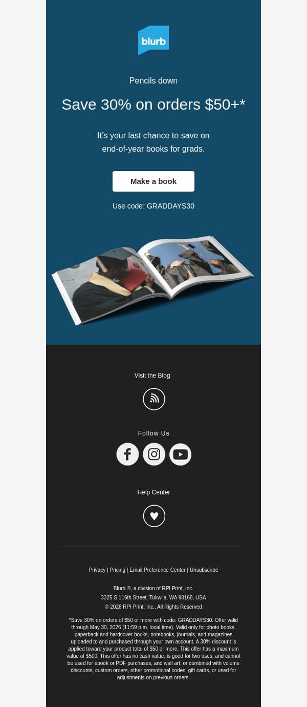 Final bell: Save 30% on orders $50+ email from Blurb screenshot