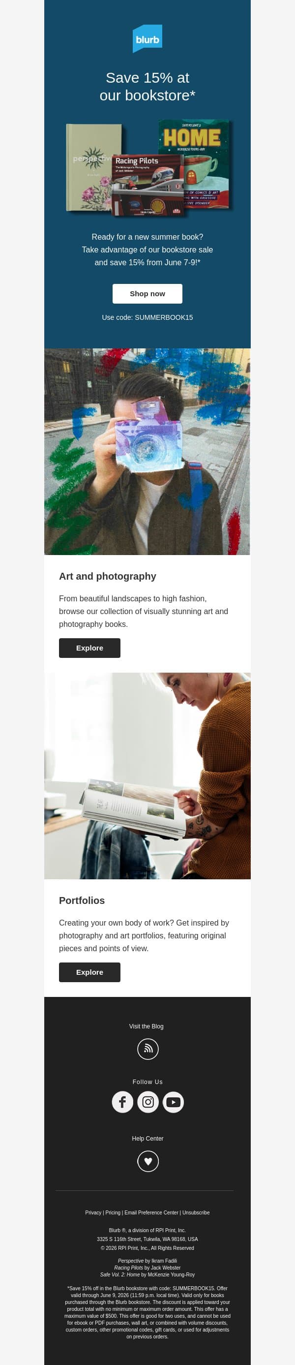 Three days only: 15% off our bookstore email from Blurb screenshot