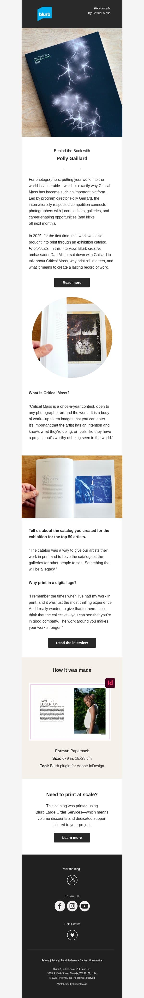 From international photo exhibition to printed book email from Blurb screenshot